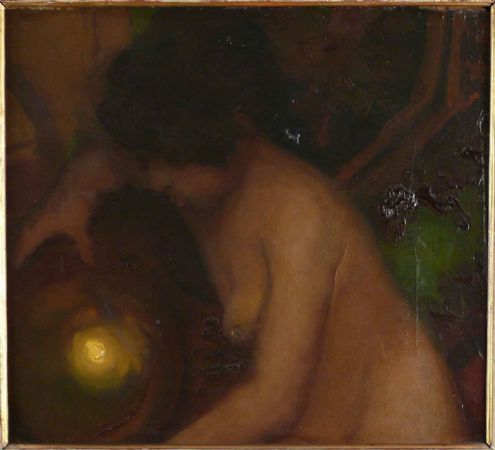 Alfredo Protti. Mujer desnuda con la luz. Cm h.46x51.